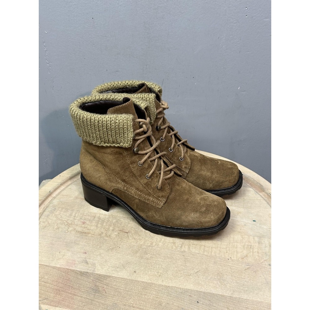 Glacee Boots Womens Size 7.5W Brown Suede Lace Up Knit Cuff Ankle Booties
